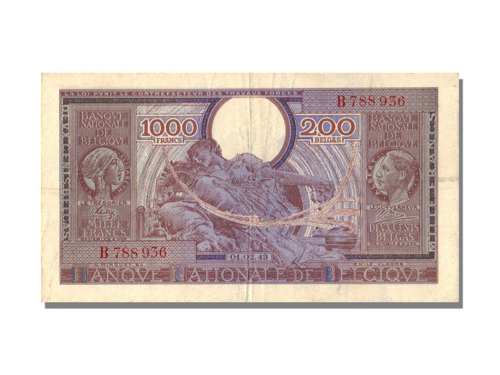 Belgium, 200 Belgas / 1000 Francs, 1943, 1943-02-01, AU(50-53)