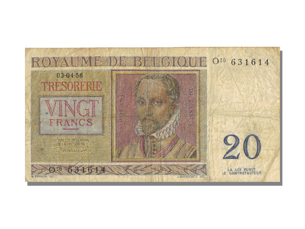 Belgium, 20 Francs, 1956, KM #132b, 1956-04-03, EF(40-45), O10