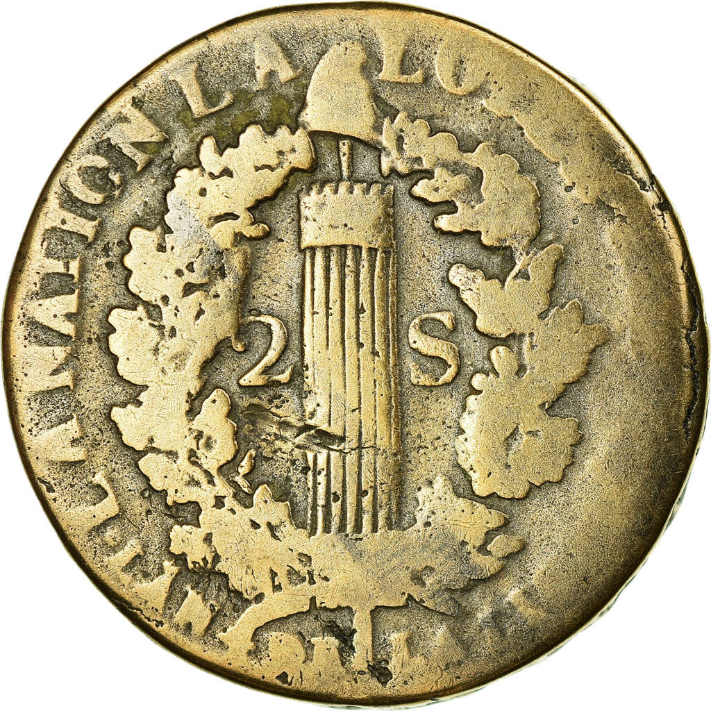 Moneta, Francia, Louis XVI, 2 Sols, 1792, Orléans, B+, Bronzo, KM:603.14