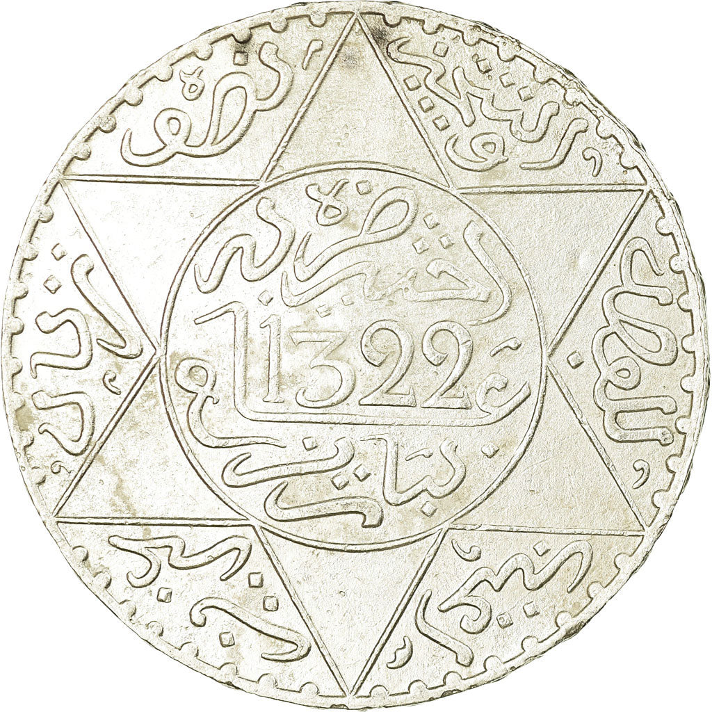 Münze, Marokko, 'Abd al-Aziz, 1/2 Rial, 5 Dirhams, 1904, SS, Silber, KM:21.3