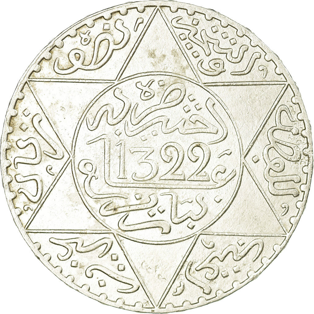 Moneta, Marocco, 'Abd al-Aziz, 1/2 Rial, 5 Dirhams, 1904, BB, Argento, KM:21.3