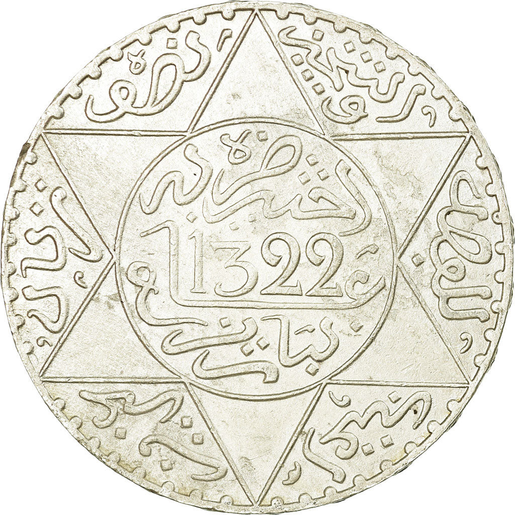 Monnaie, Maroc, 'Abd al-Aziz, 1/2 Rial, 5 Dirhams, 1904, TTB, Argent, KM:21.3