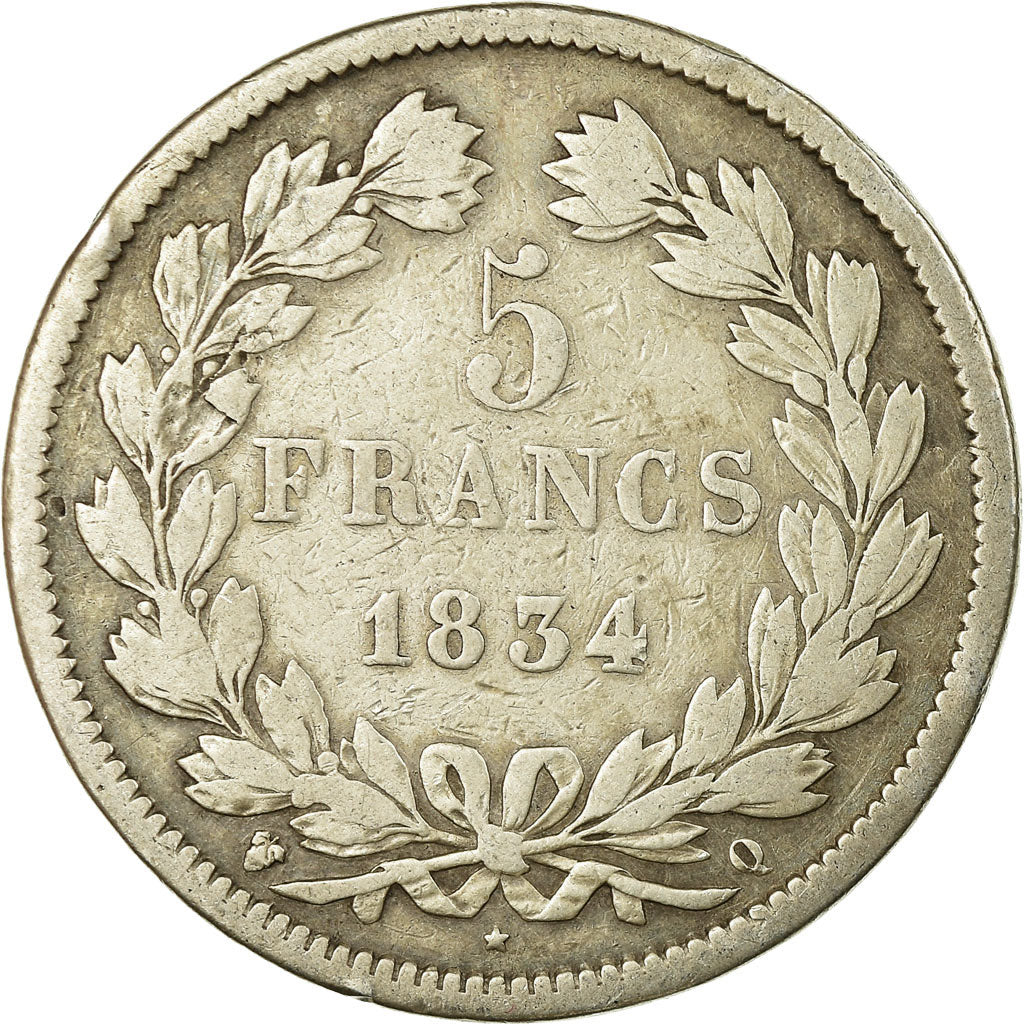 Moeda, França, Louis-Philippe, 5 Francs, 1834, Perpignan, VF(20-25), Prata