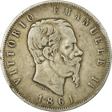 Moneta, Italia, Vittorio Emanuele II, 5 Lire, 1861, Torino, Rare, MB, Argento