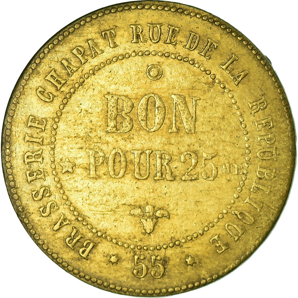 Moneda, Francia, Brasserie CHAPAT, Lyon, 25 Centimes, MBC, Latón, Elie:B180.1