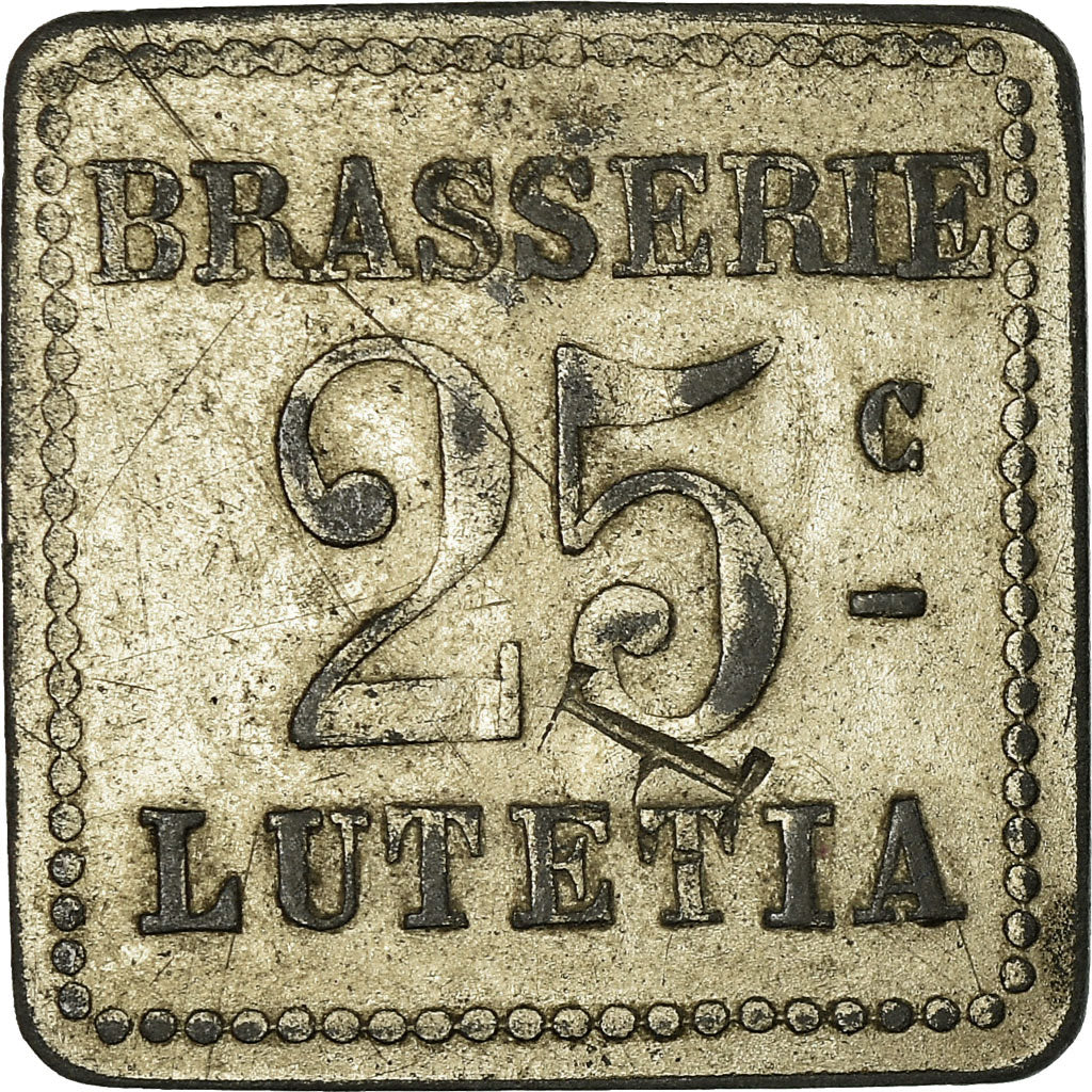 Moneda, Francia, Brasserie Lutetia, Paris, 25 Centimes, MBC, Nickel plated zinc