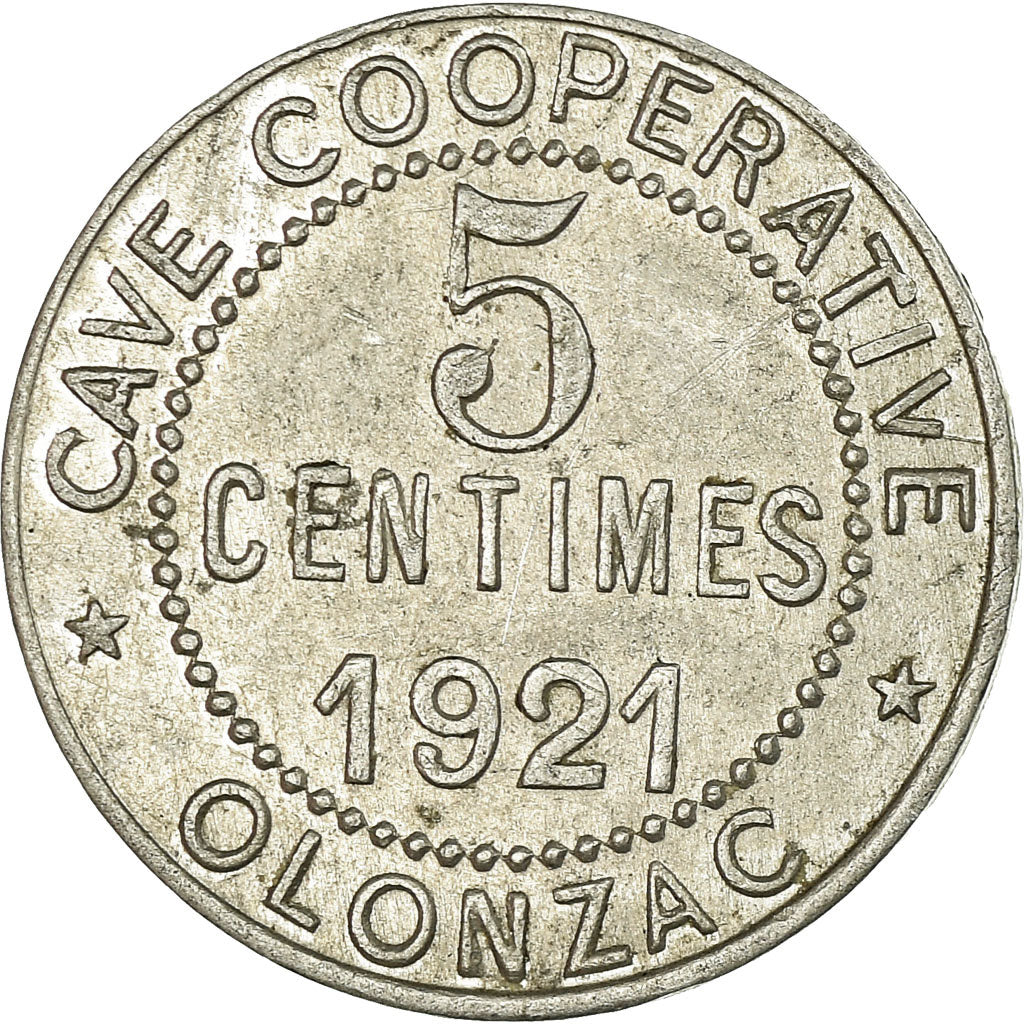 Moeda, França, Cave Coopérative, Olonzac, 5 Centimes, 1921, AU(50-53)