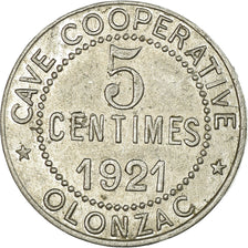 Moeda, França, Cave Coopérative, Olonzac, 5 Centimes, 1921, AU(50-53)