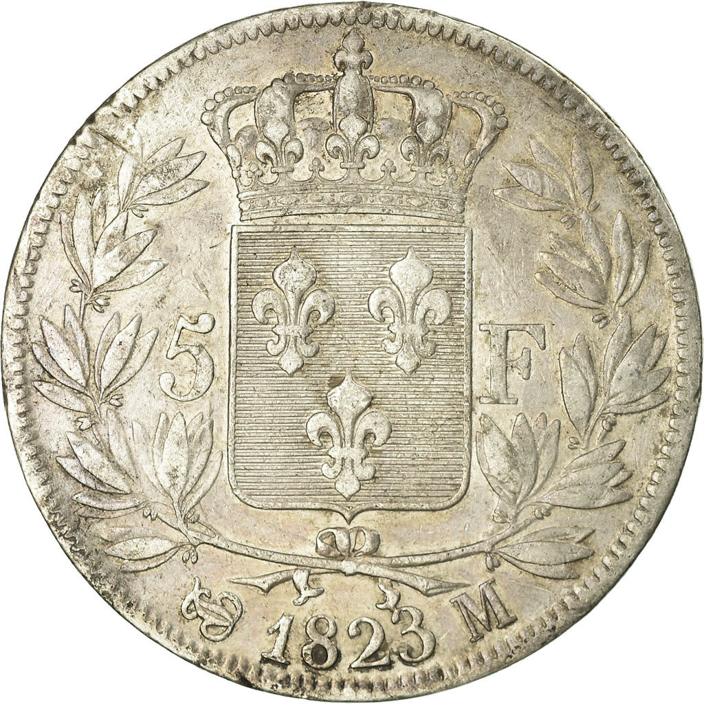 Moeda, França, Louis XVIII, 5 Francs, 1823, Toulouse, VF(30-35), Prata