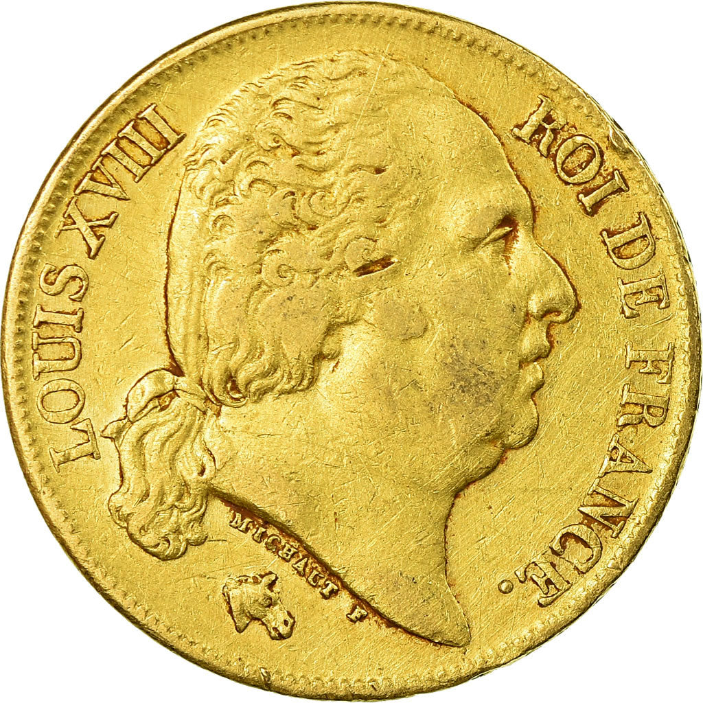 Moeda, França, Louis XVIII, 20 Francs, 1818, Paris, EF(40-45), Dourado
