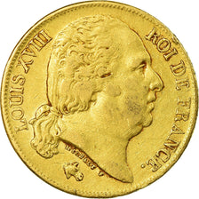 Moeda, França, Louis XVIII, 20 Francs, 1818, Paris, EF(40-45), Dourado