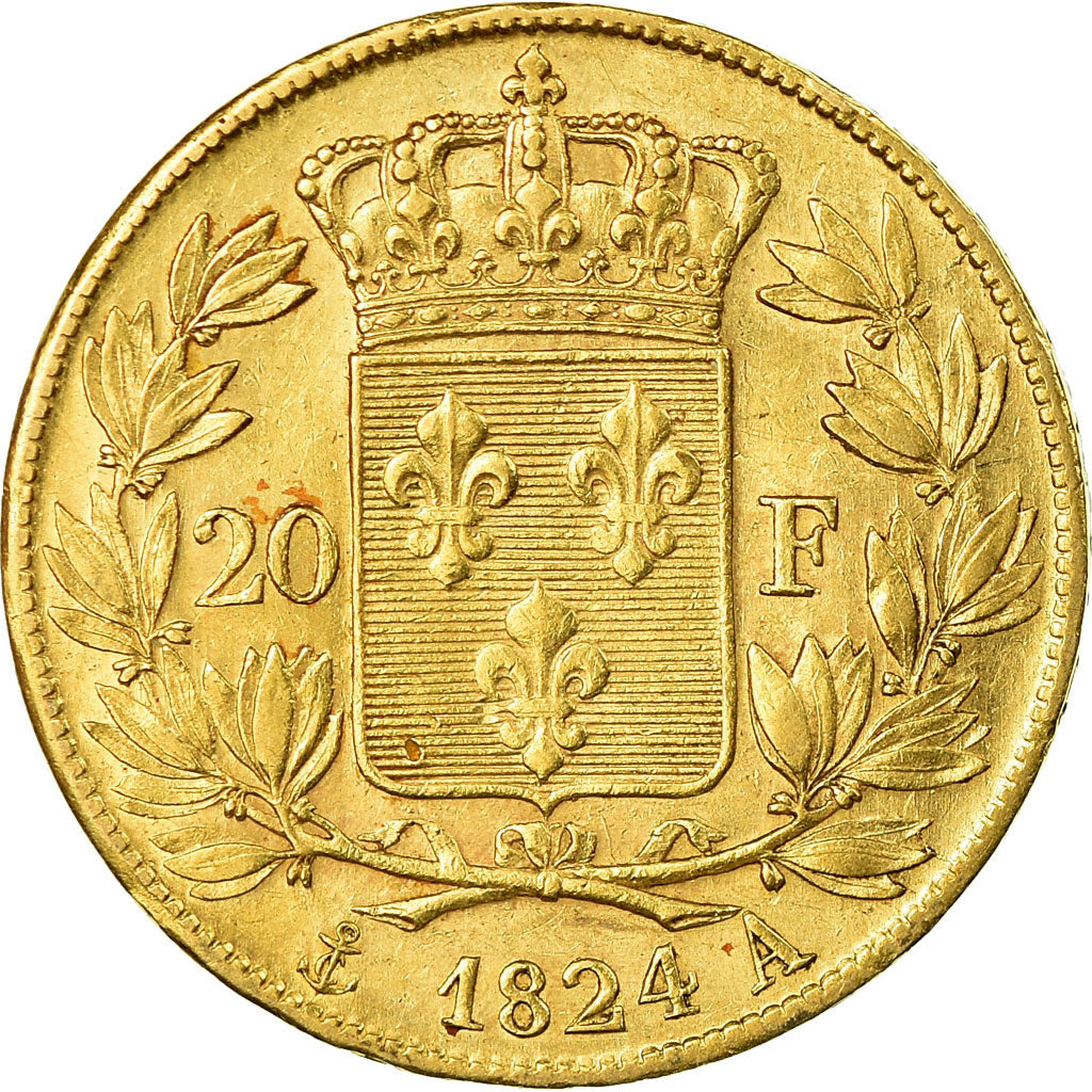 Coin, France, Louis XVIII, 20 Francs, 1824, Paris, EF(40-45), Gold, KM:712.1