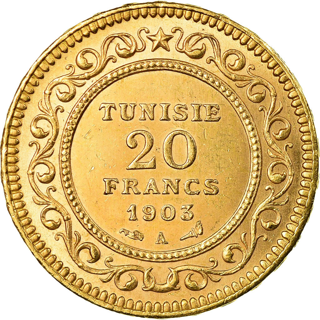 Coin, Tunisia, Muhammad al-Hadi Bey, 20 Francs, 1903, Paris, MS(63), Gold