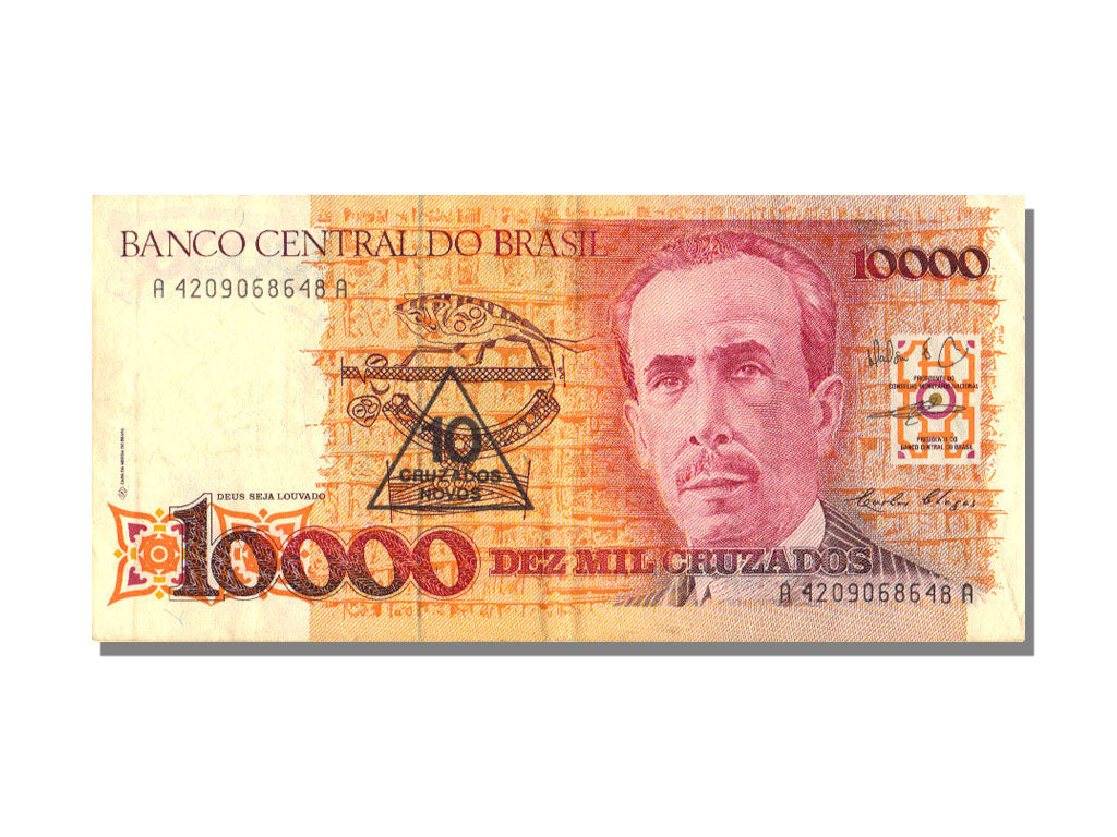 Brazil, 10 Cruzados Novos on 10,000 Cruzados, KM #218b, AU(55-58), A