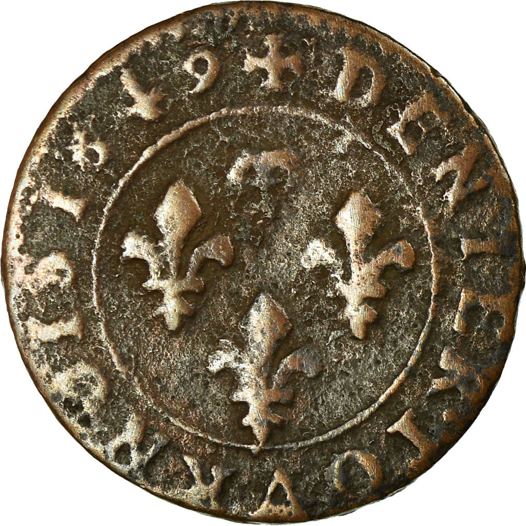 Moneta, Francia, Gaston d'Orléans, Denier Tournois, 1649, Trévoux, MB+, Rame
