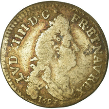 Moeda, França, Louis XIV, 4 Sols aux 2 L, 1693, Lyon, VF(20-25), Prata