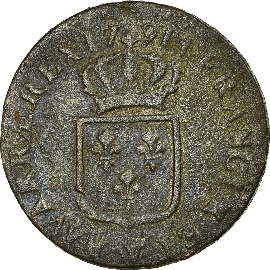 Moneta, Francja, Louis XVI, Sol à l'Ecu, 1791, Lille, VF(20-25), Bronze