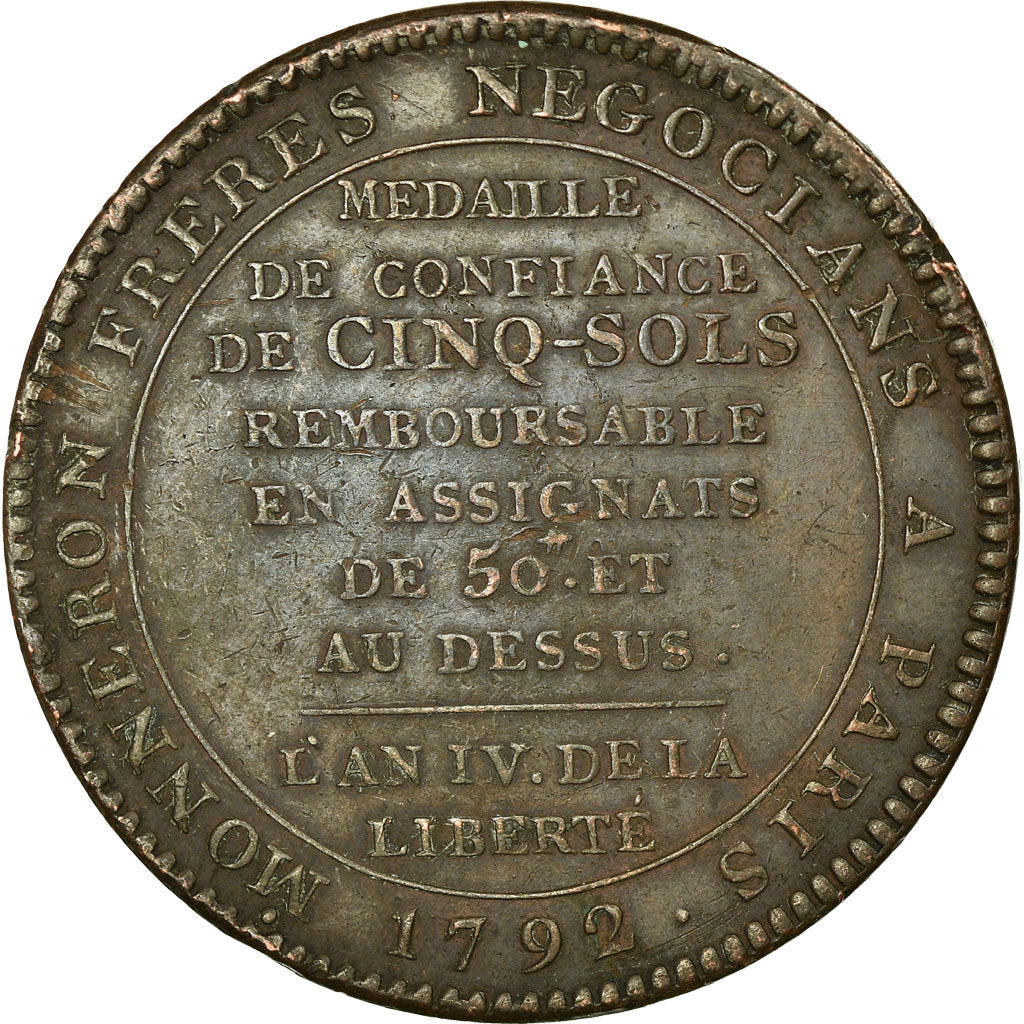 Coin, France, Monneron, 5 Sols, 1792, Birmingham, EF(40-45), Bronze, KM:Tn31