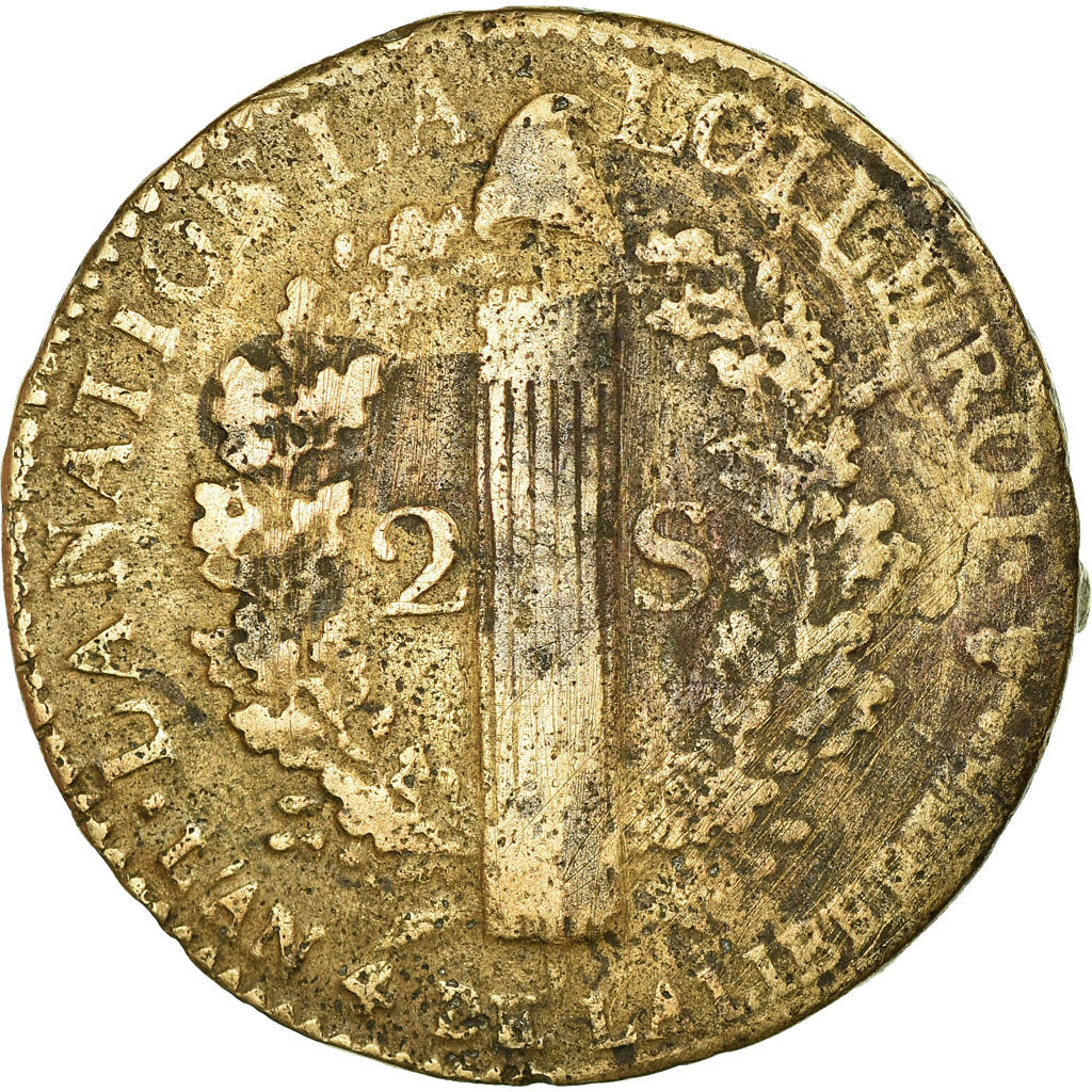 Moneda, Francia, Louis XVI, 2 Sols, 1792, Paris, BC+, Bronce, Gadoury:25