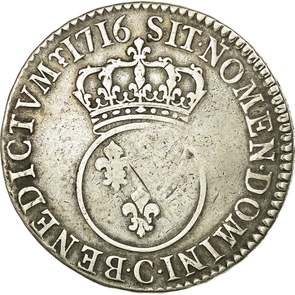 Coin, France, Louis XV, 1/2 Écu Vertugadin, 1716, Caen, VF(20-25), Silver