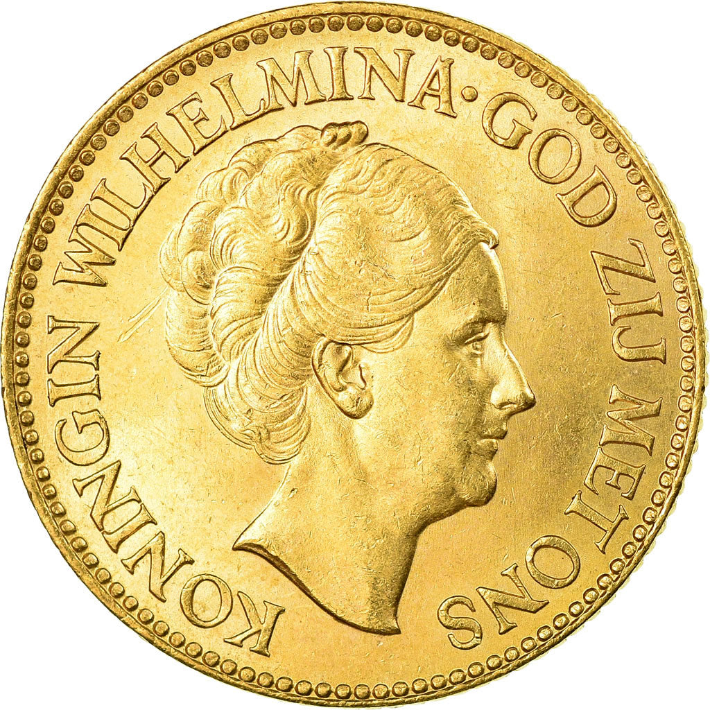 Coin, Netherlands, Wilhelmina I, 10 Gulden, 1932, MS(64), Gold, KM:162