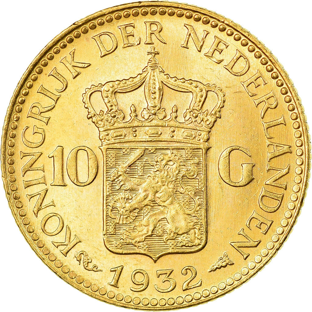Coin, Netherlands, Wilhelmina I, 10 Gulden, 1932, MS(64), Gold, KM:162