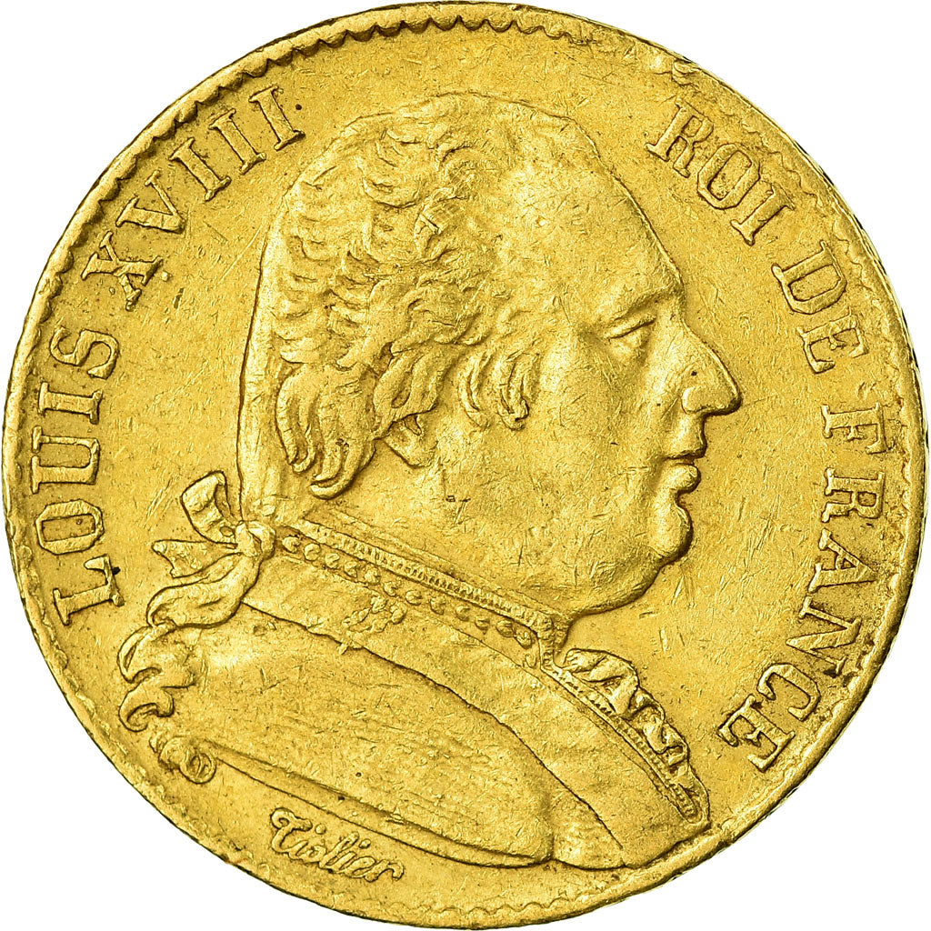 Moeda, França, Louis XVIII, 20 Francs, 1814, Paris, EF(40-45), Dourado