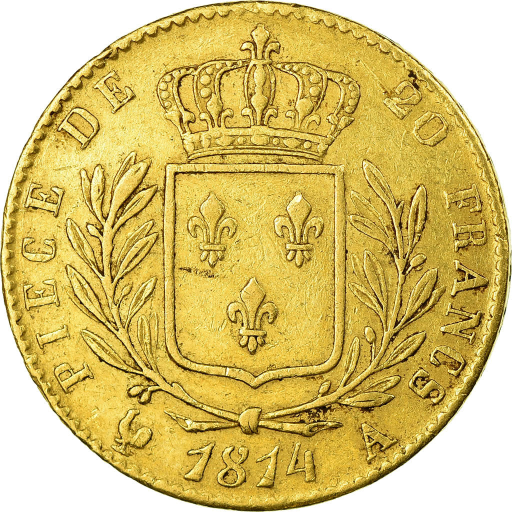 Moeda, França, Louis XVIII, 20 Francs, 1814, Paris, EF(40-45), Dourado