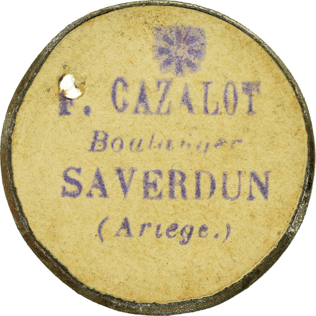 Monnaie, France, P. CAZALOT, Boulanger, Saverdun, 0.10 Franc, Rare, TTB+, Carton