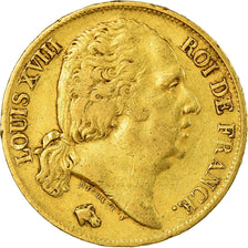 Moeda, França, Louis XVIII, 20 Francs, 1818, Lille, EF(40-45), Dourado