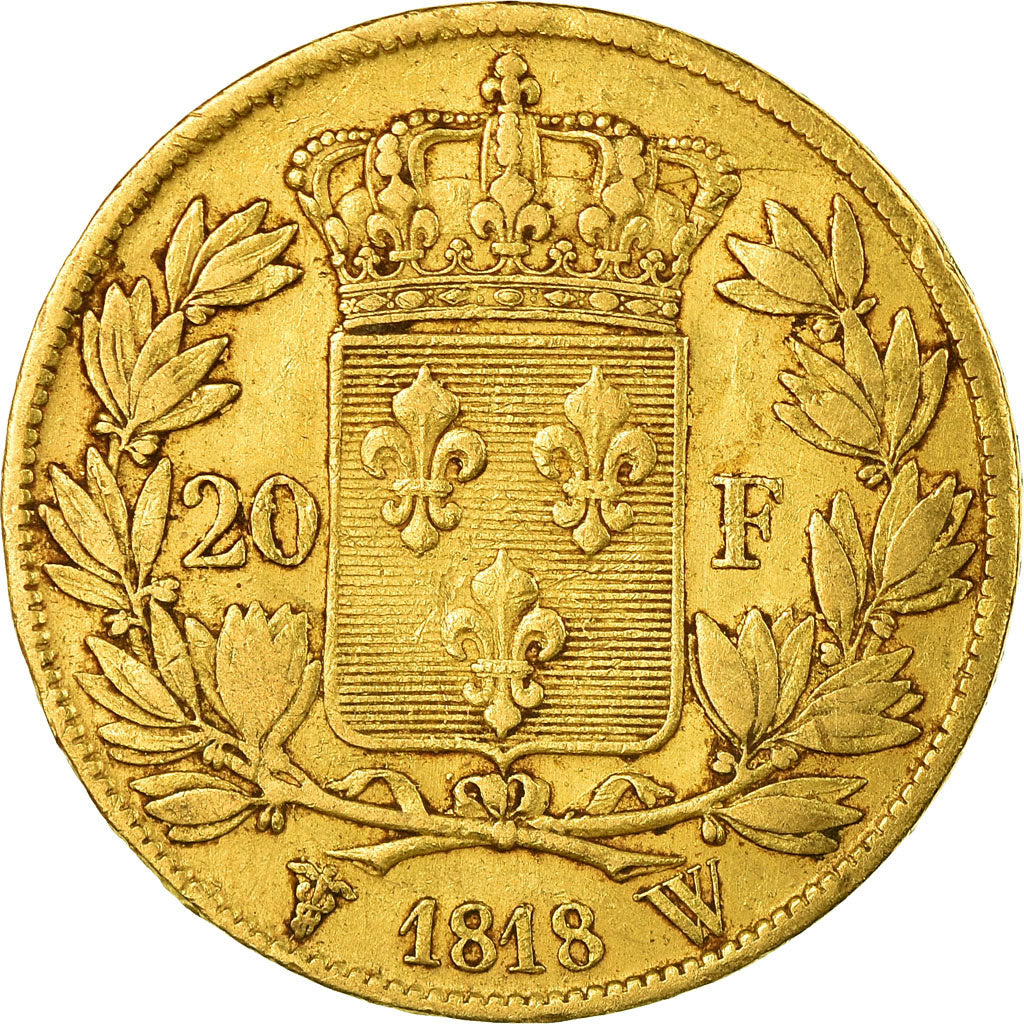 Moeda, França, Louis XVIII, 20 Francs, 1818, Lille, EF(40-45), Dourado
