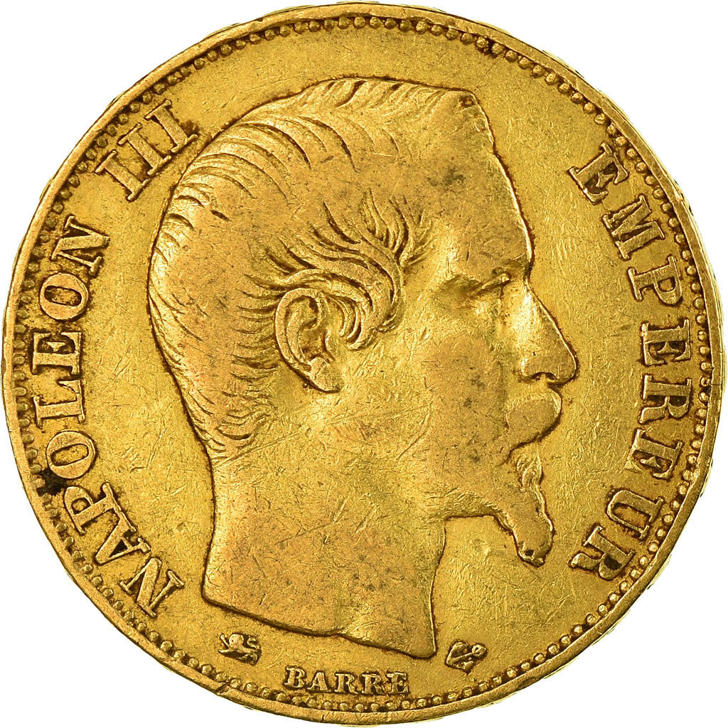 Moneda, Francia, Napoleon III, 20 Francs, 1855, Lyon, BC+, Oro, KM:781.3