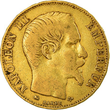 Moneda, Francia, Napoleon III, 20 Francs, 1855, Lyon, BC+, Oro, KM:781.3
