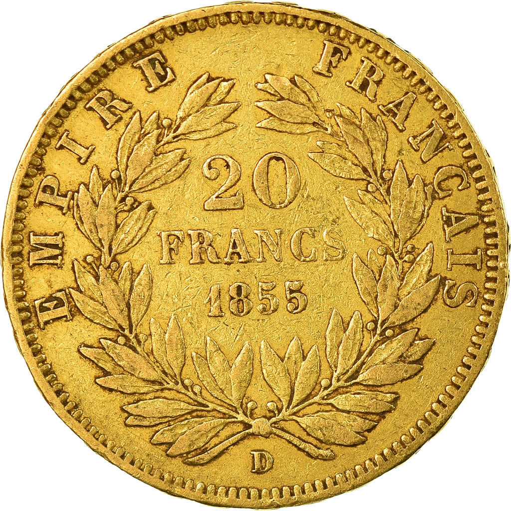 Moneda, Francia, Napoleon III, 20 Francs, 1855, Lyon, BC+, Oro, KM:781.3