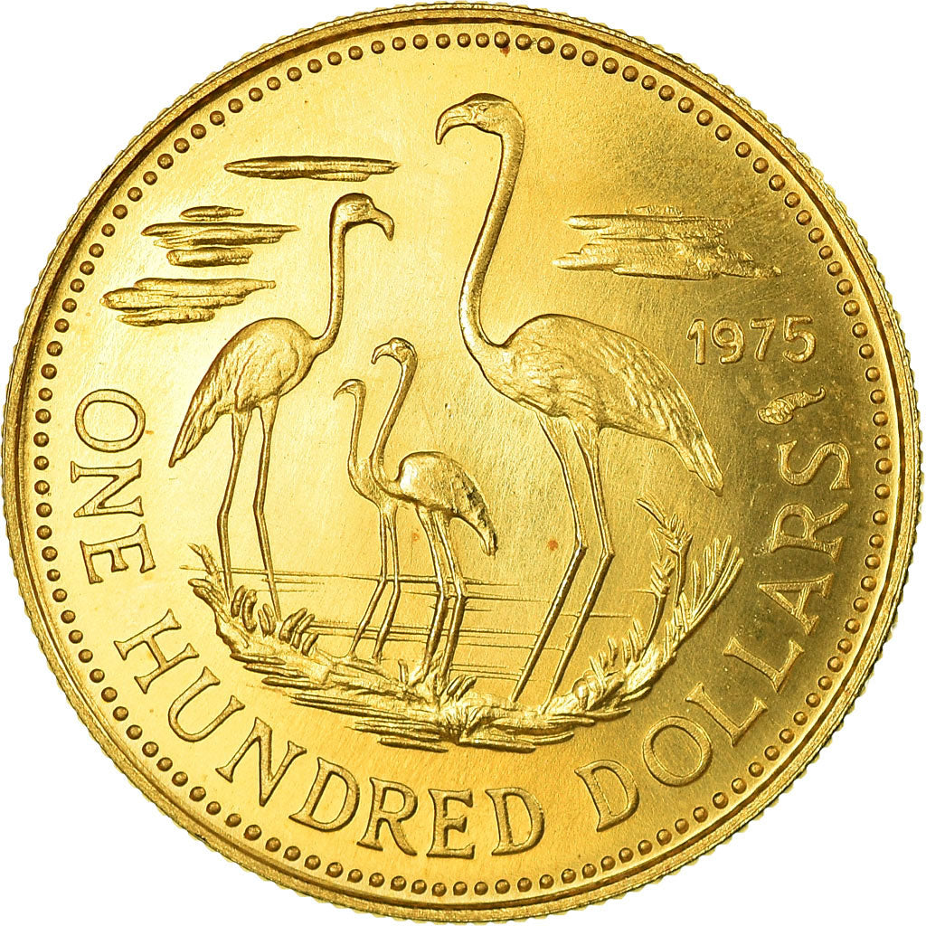 Coin, Bahamas, Elizabeth II, 100 Dollars, 1975, MS(64), Gold, KM:72