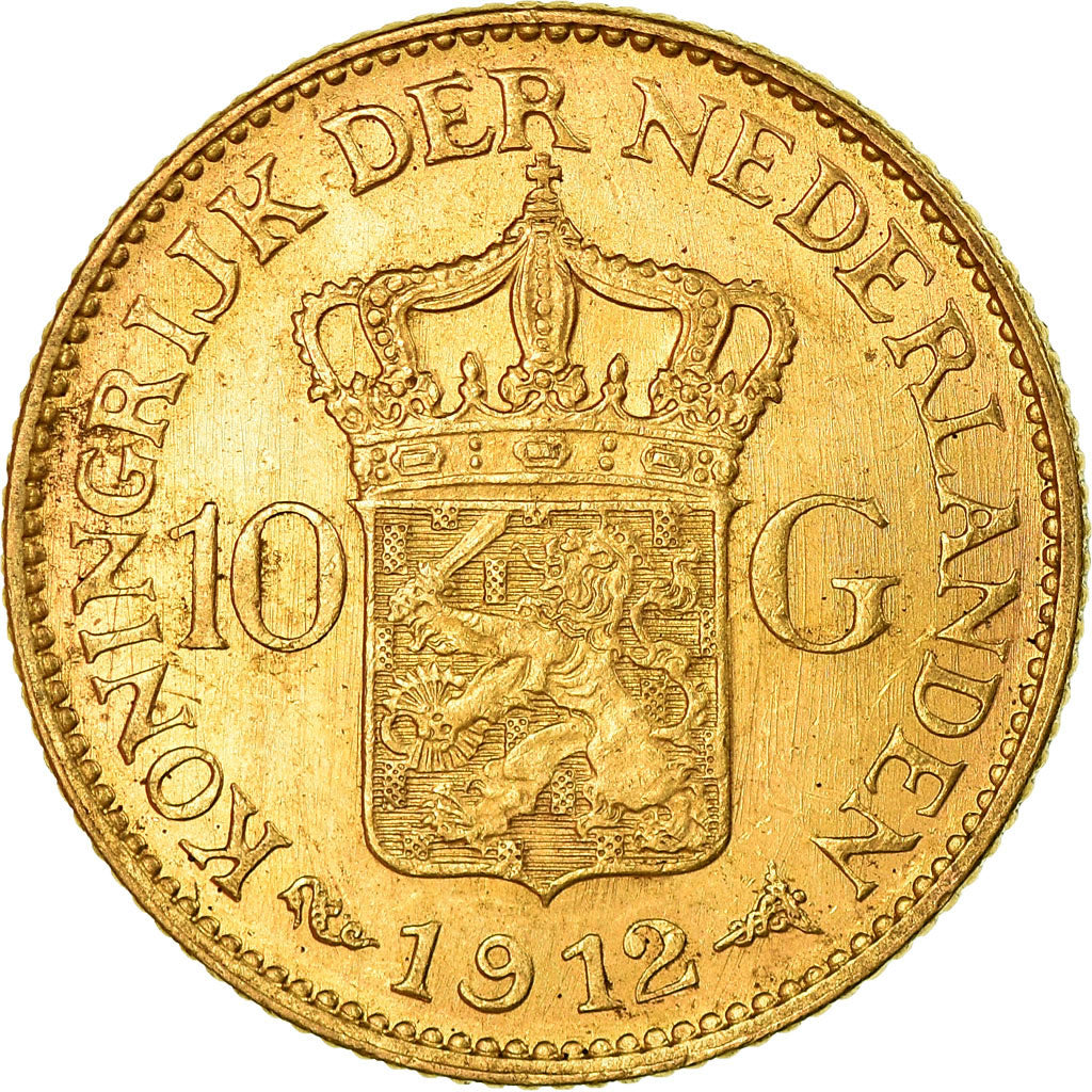 Coin, Netherlands, Wilhelmina I, 10 Gulden, 1912, MS(63), Gold, KM:149