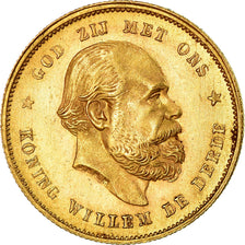 Coin, Netherlands, William III, 10 Gulden, 1877, MS(60-62), Gold, KM:106