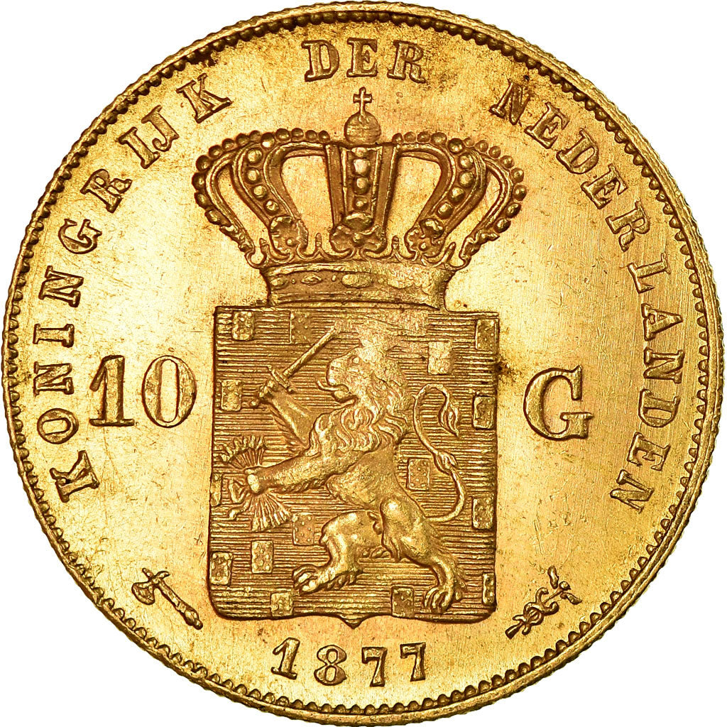 Coin, Netherlands, William III, 10 Gulden, 1877, MS(60-62), Gold, KM:106