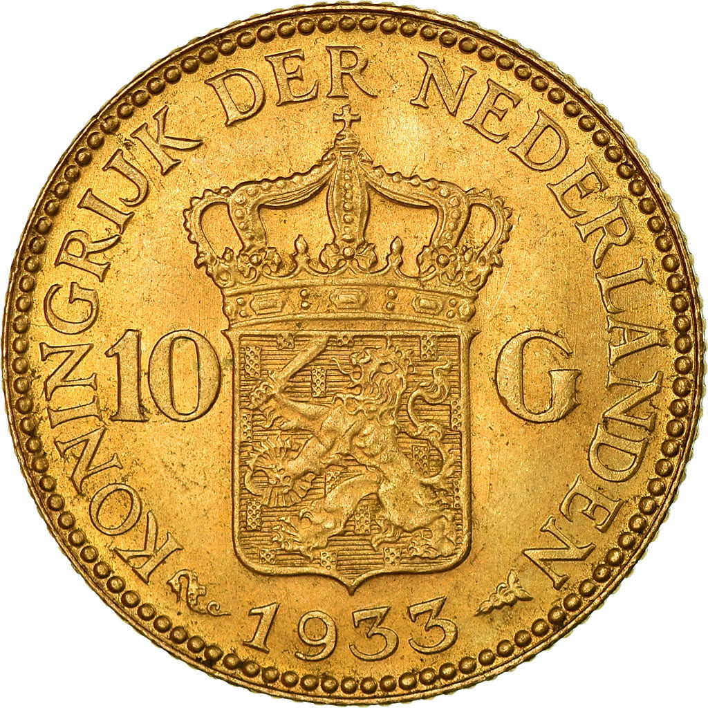 Coin, Netherlands, Wilhelmina I, 10 Gulden, 1933, MS(63), Gold, KM:162