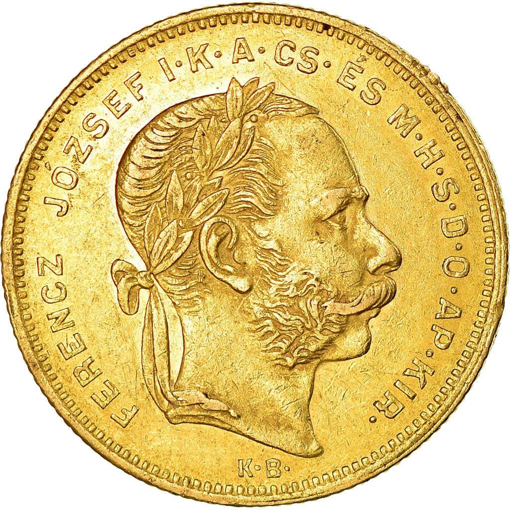 Munten, Hongarije, Franz Joseph I, 8 Forint 20 Francs, 1875, ZF+, Goud, KM:455.1