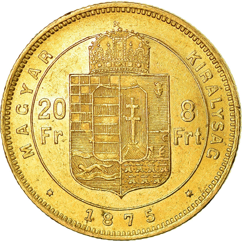 Munten, Hongarije, Franz Joseph I, 8 Forint 20 Francs, 1875, ZF+, Goud, KM:455.1