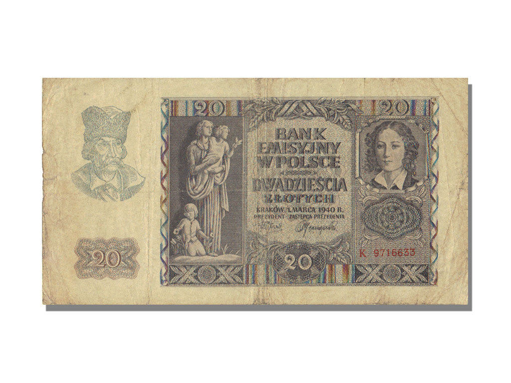 Banknote, Poland, 20 Zlotych, 1940, 1940-03-01, KM:95, AU(50-53)