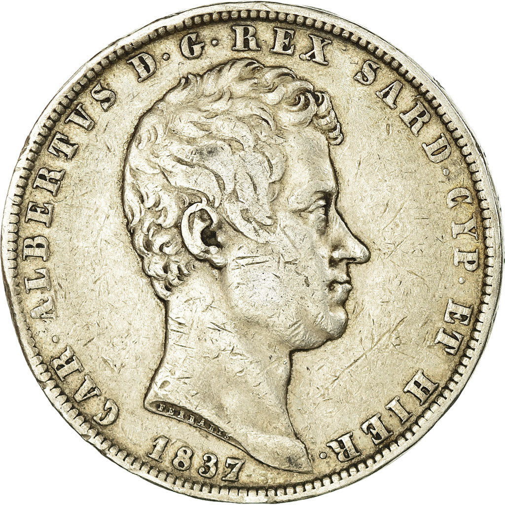 Coin, ITALIAN STATES, SARDINIA, Carlo Alberto, 5 Lire, 1837, Genoa, VF(30-35)