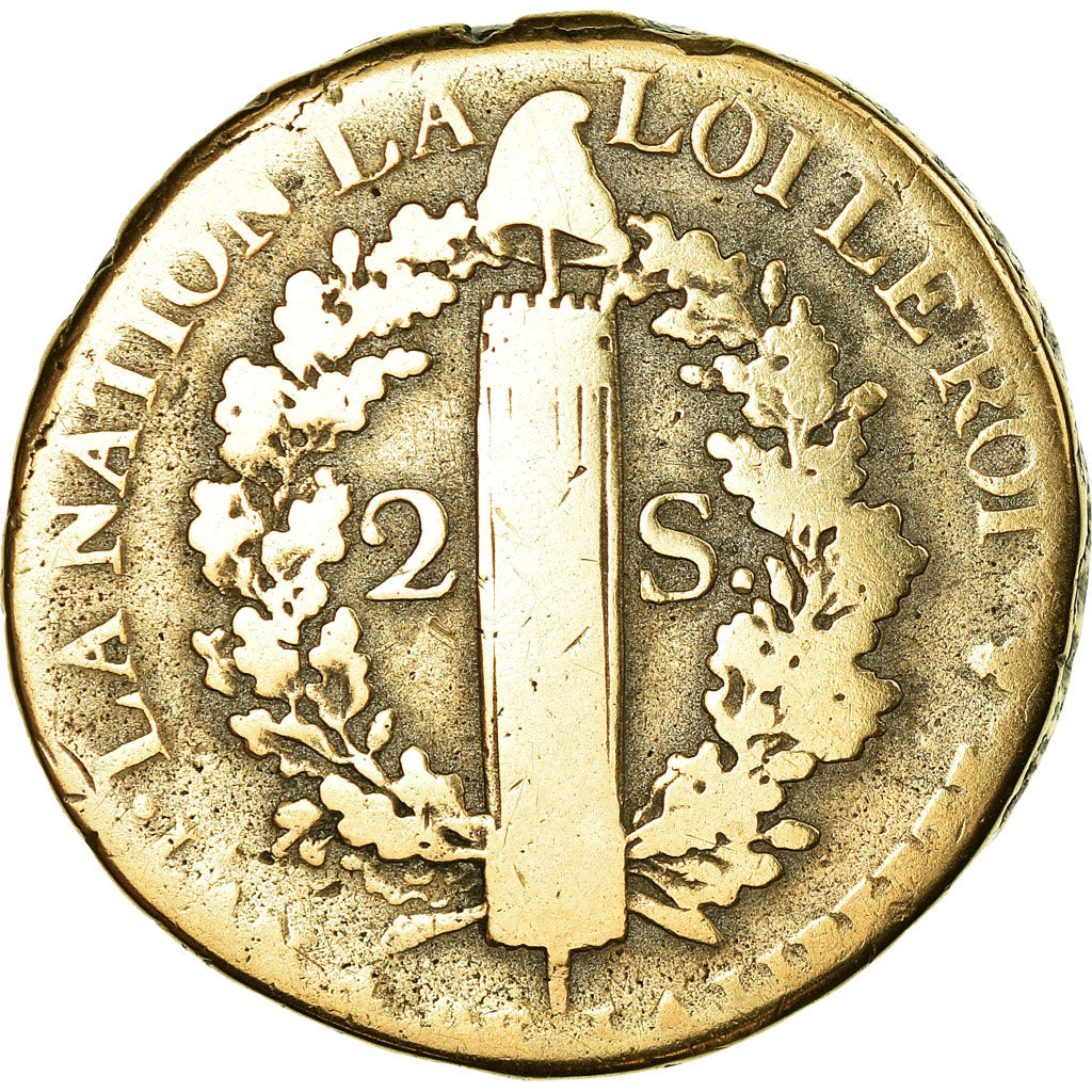 Moneda, Francia, Louis XVI, 2 Sols, 1792, Paris, BC+, Bronce, Gadoury:25