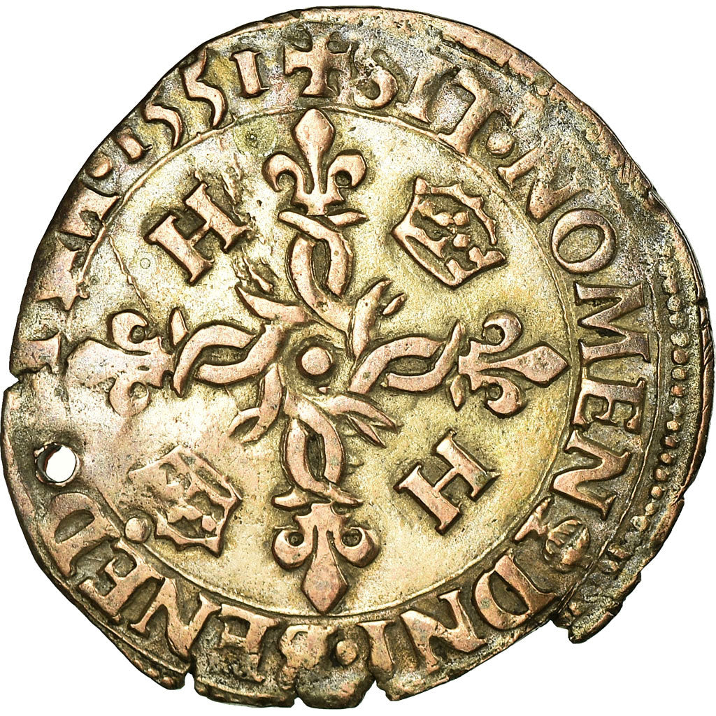 Coin, France, Henri II, Douzain aux croissants, 1551, Rouen, Holed, VF(20-25)