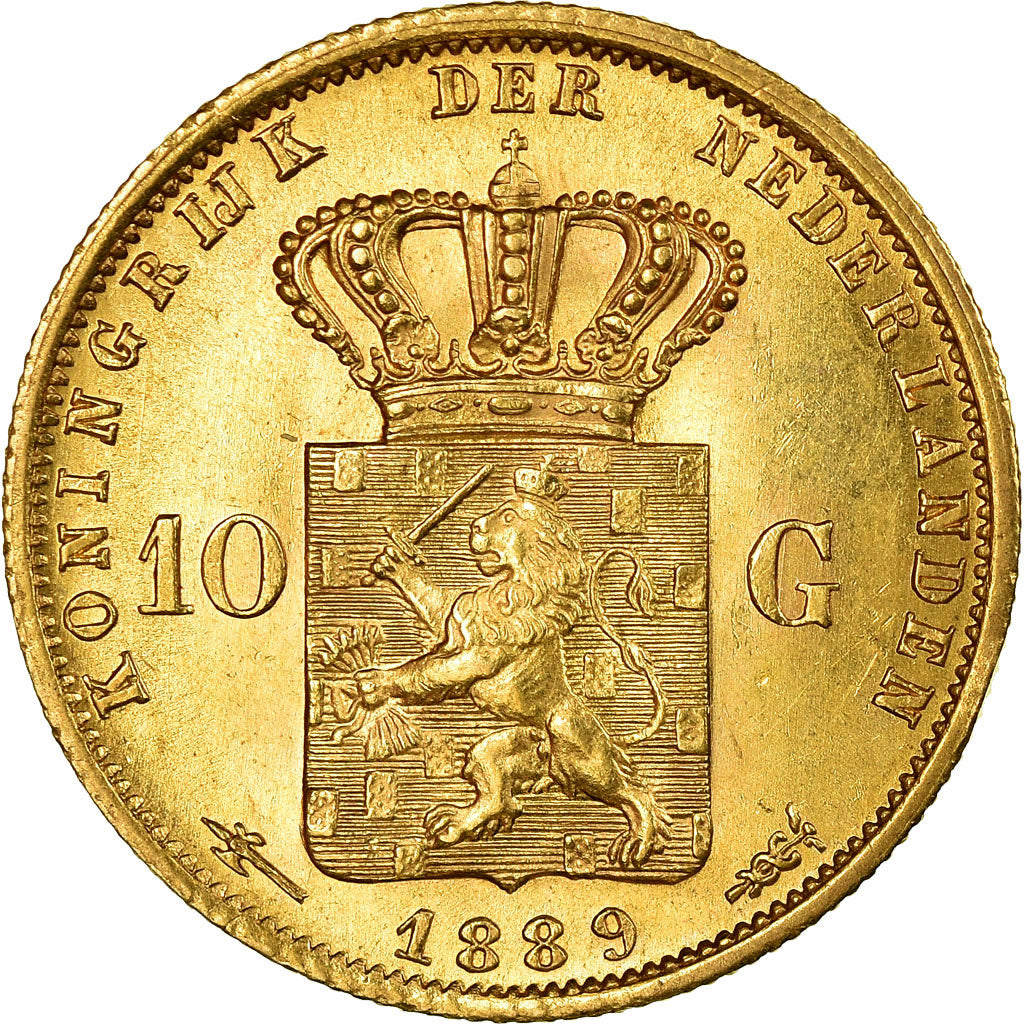 Coin, Netherlands, William III, 10 Gulden, 1889, MS(64), Gold, KM:106