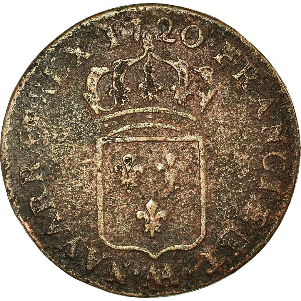 Moneta, Francia, Louis XV, 1/2 Sol, 1720, Metz, B+, Rame