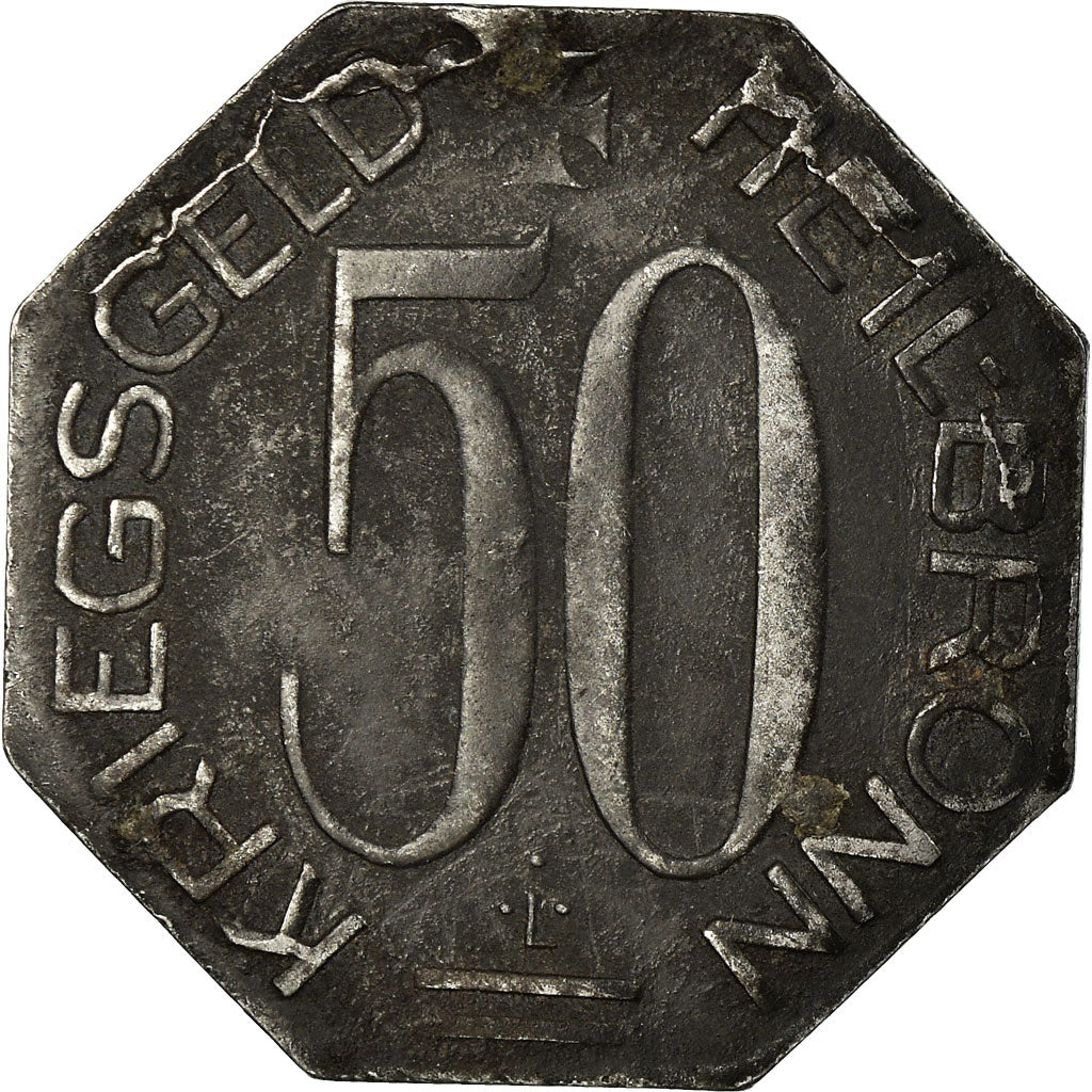 Moneda, Alemania, Kriegsgeld, Heil-Bronn, 50 Pfennig, 1918, MBC, Hierro