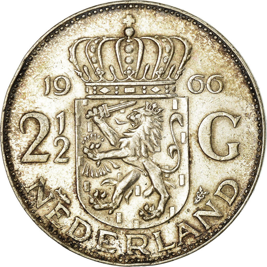 Coin, Netherlands, Juliana, 2-1/2 Gulden, 1966, EF(40-45), Silver, KM:185