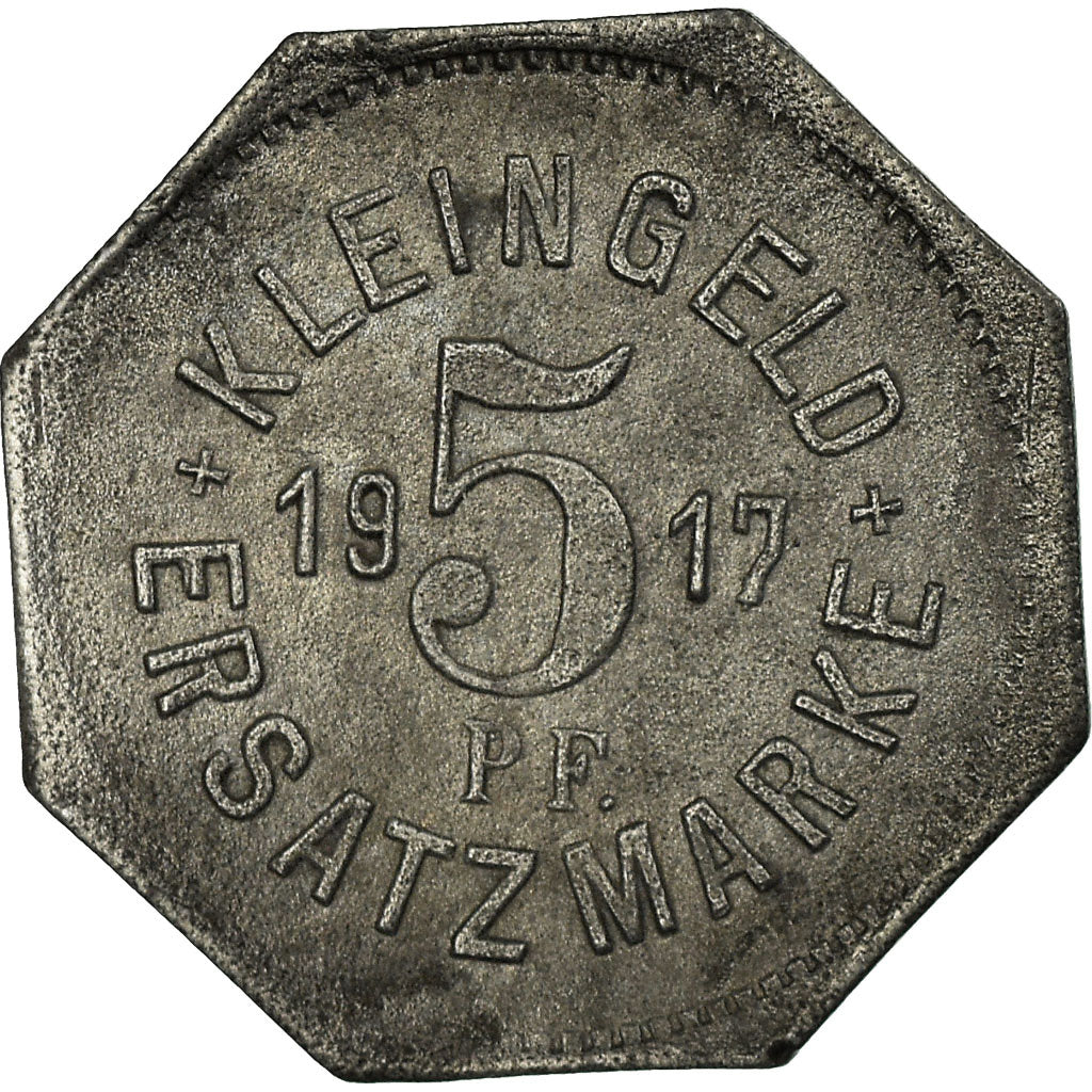 Coin, Germany, Kleingeldersatzmarke, Hall, 5 Pfennig, 1917, AU(50-53), Zinc